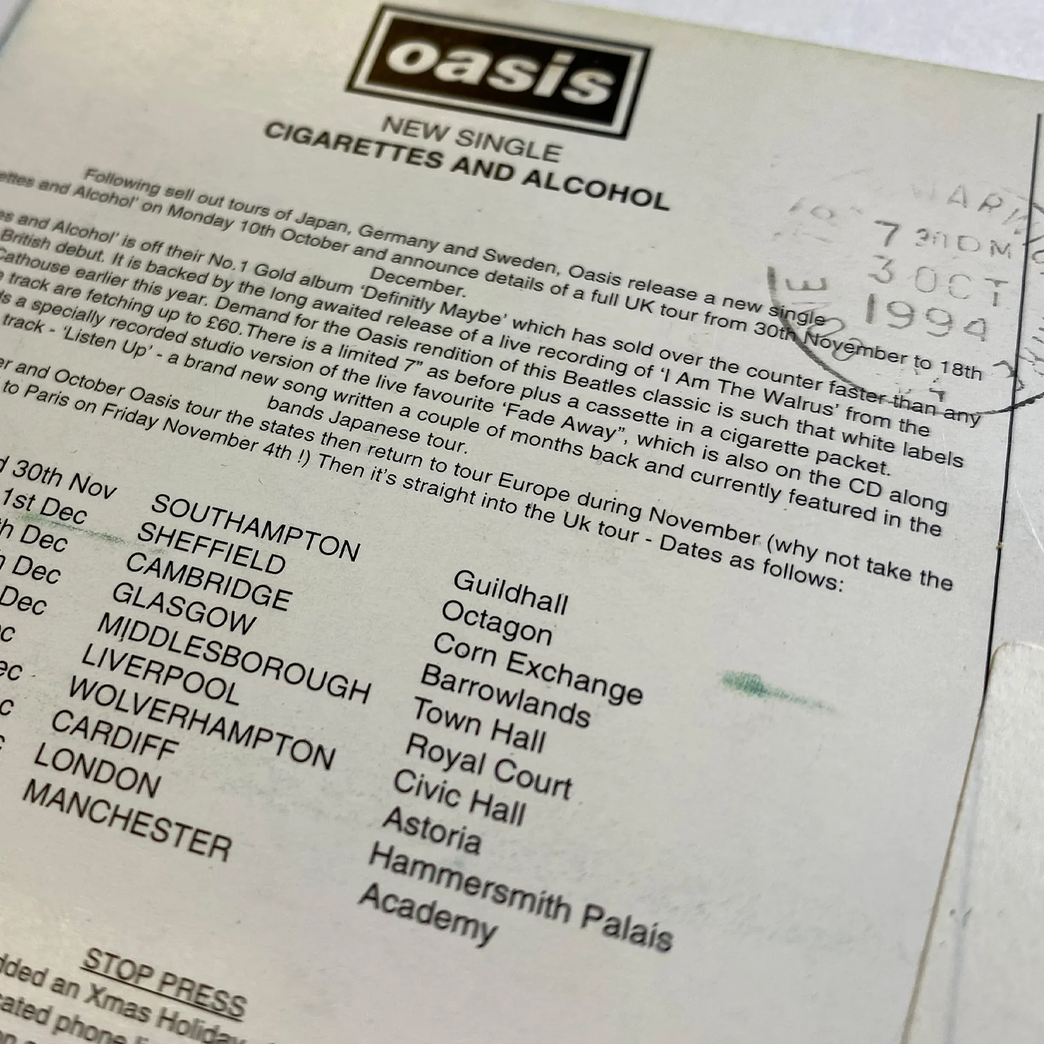 Oasis - Original 1994 'Cigarettes & Alcohol' Framed Promo Postcard - New Item - Image 2
